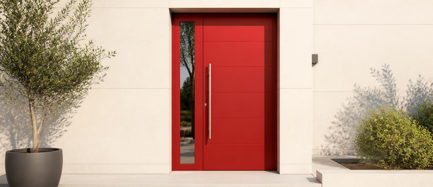 Bold red modern uPVC entry door in a cream architectural wall